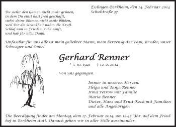 Traueranzeige von Gerhard Renner von Eßlinger Zeitung/Cannstatter Zeitung