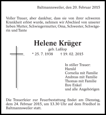 Traueranzeige von Helene Krüger von Eßlinger Zeitung/Cannstatter Zeitung