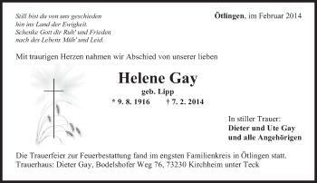 Traueranzeige von Helene Gay von Eßlinger Zeitung/Cannstatter Zeitung