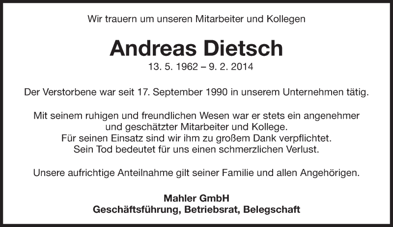  Traueranzeige für Andreas Dietsch vom 15.02.2014 aus Eßlinger Zeitung/Cannstatter Zeitung