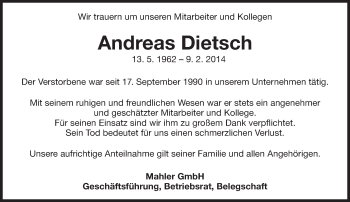 Traueranzeige von Andreas Dietsch von Eßlinger Zeitung/Cannstatter Zeitung