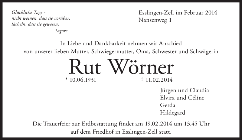  Traueranzeige für Rut Wörner vom 15.02.2014 aus Eßlinger Zeitung/Cannstatter Zeitung