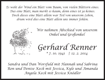 Traueranzeige von Gerhard Renner von Eßlinger Zeitung/Cannstatter Zeitung
