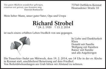 Traueranzeige von Richard Strobel von Eßlinger Zeitung/Cannstatter Zeitung