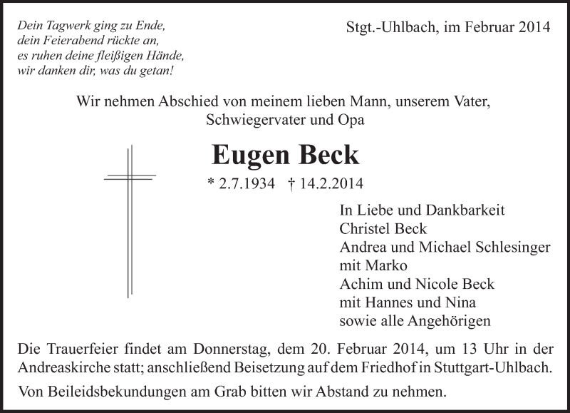  Traueranzeige für Eugen Beck vom 17.02.2014 aus Eßlinger Zeitung/Cannstatter Zeitung