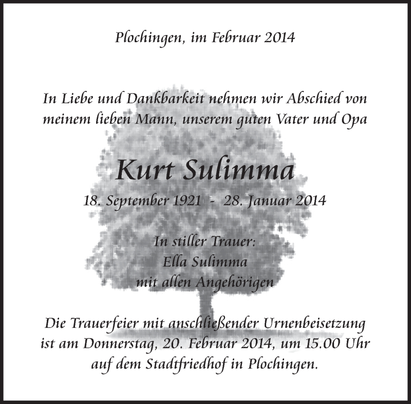  Traueranzeige für Kurt Sulimma vom 15.02.2014 aus Eßlinger Zeitung/Cannstatter Zeitung