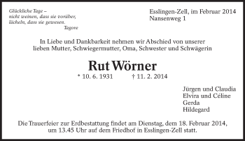 Traueranzeige von Rut Wörner von Eßlinger Zeitung/Cannstatter Zeitung