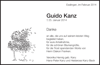 Traueranzeige von Guido Kanz von Eßlinger Zeitung/Cannstatter Zeitung
