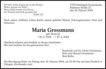 Traueranzeige von Maria Grossmann von Eßlinger Zeitung/Cannstatter Zeitung