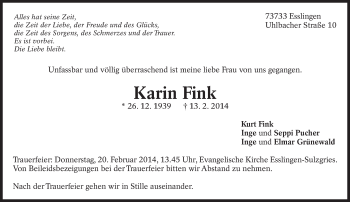 Traueranzeige von Karin Fink von Eßlinger Zeitung/Cannstatter Zeitung