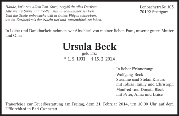 Traueranzeige von Ursula Beck von Eßlinger Zeitung/Cannstatter Zeitung