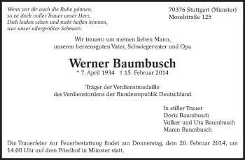 Traueranzeige von Werner Baumbusch von Eßlinger Zeitung/Cannstatter Zeitung