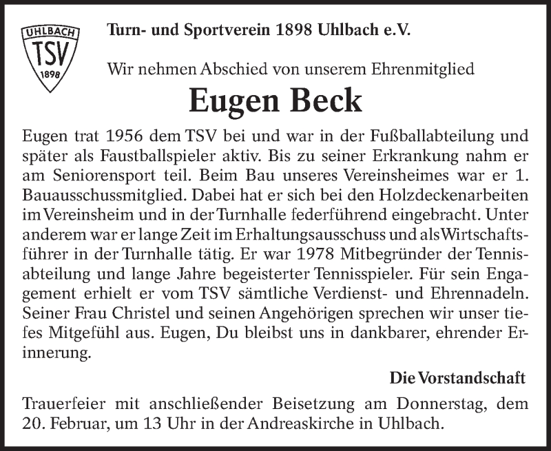 Traueranzeige für Eugen Beck vom 18.02.2014 aus Eßlinger Zeitung/Cannstatter Zeitung