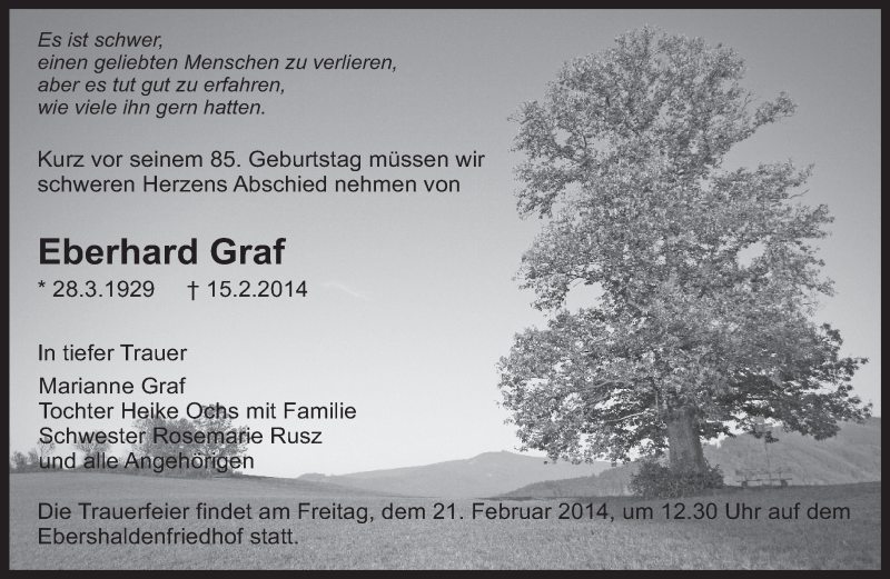  Traueranzeige für Eberhard Graf vom 18.02.2014 aus Eßlinger Zeitung/Cannstatter Zeitung