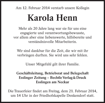 Traueranzeige von Karola Henn von Eßlinger Zeitung/Cannstatter Zeitung
