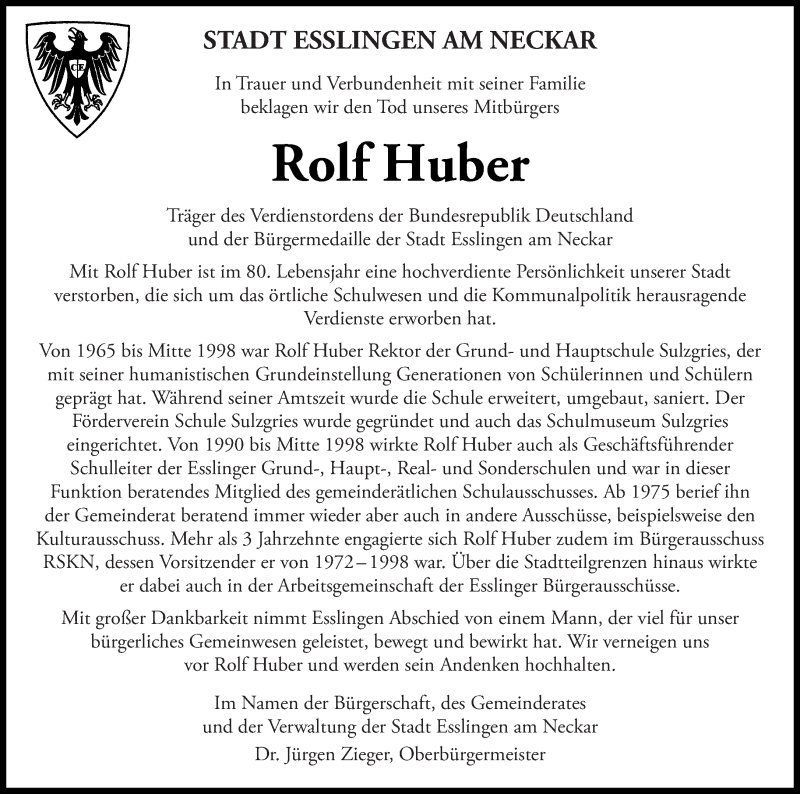  Traueranzeige für Rolf Huber vom 17.06.2015 aus Eßlinger Zeitung/Cannstatter Zeitung