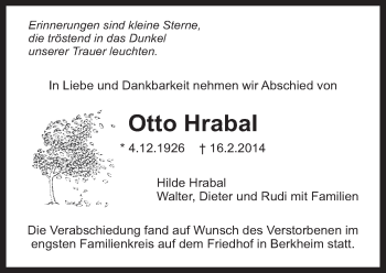 Traueranzeige von Otto Hrabal von Eßlinger Zeitung/Cannstatter Zeitung