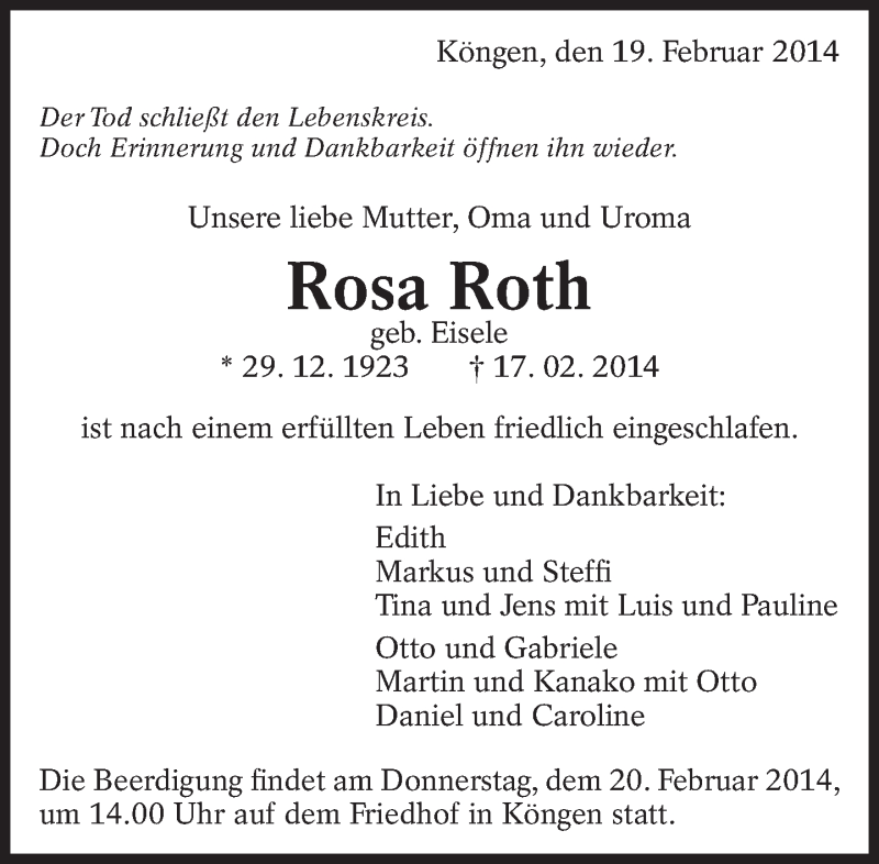 Traueranzeige für Rosa Roth vom 19.02.2014 aus Eßlinger Zeitung/Cannstatter Zeitung