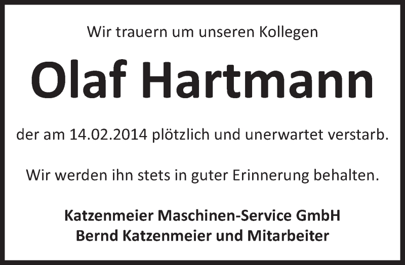  Traueranzeige für Olaf Hartmann vom 19.02.2014 aus Eßlinger Zeitung/Cannstatter Zeitung
