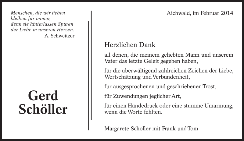  Traueranzeige für Gerd Schöller vom 19.02.2014 aus Eßlinger Zeitung/Cannstatter Zeitung