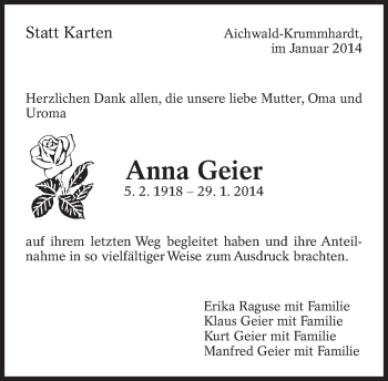Traueranzeige von Anna Geier von Eßlinger Zeitung/Cannstatter Zeitung