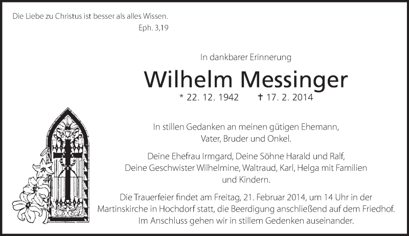  Traueranzeige für Wilhelm Messinger vom 19.02.2014 aus Eßlinger Zeitung/Cannstatter Zeitung