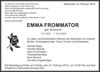 Traueranzeige von Emma Frommator von Eßlinger Zeitung/Cannstatter Zeitung