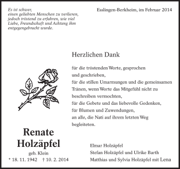 Traueranzeige von Renate Holzäpfel von Eßlinger Zeitung/Cannstatter Zeitung