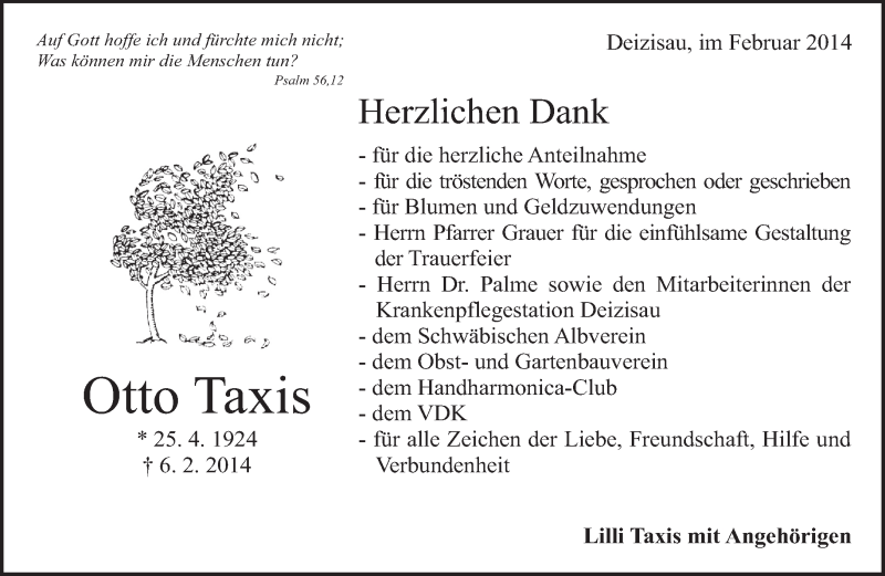  Traueranzeige für Otto Taxis vom 20.02.2014 aus Eßlinger Zeitung/Cannstatter Zeitung