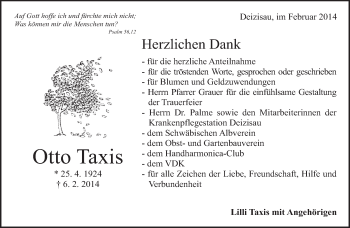 Traueranzeige von Otto Taxis von Eßlinger Zeitung/Cannstatter Zeitung
