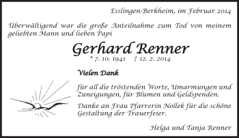 Traueranzeige von Gerhard Renner von Eßlinger Zeitung/Cannstatter Zeitung