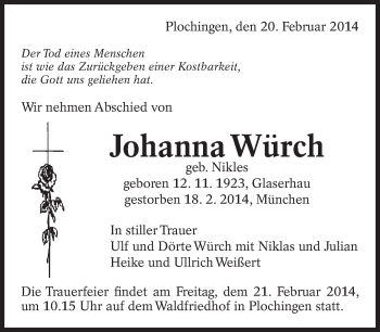 Traueranzeige von Johanna Würch von Eßlinger Zeitung/Cannstatter Zeitung