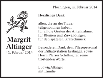 Traueranzeige von Margrit Altinger von Eßlinger Zeitung/Cannstatter Zeitung
