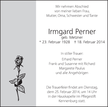 Traueranzeige von Irmgard Perner von Eßlinger Zeitung/Cannstatter Zeitung