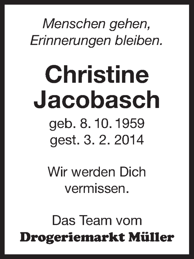  Traueranzeige für Christine Jacobasch vom 22.02.2014 aus Eßlinger Zeitung/Cannstatter Zeitung