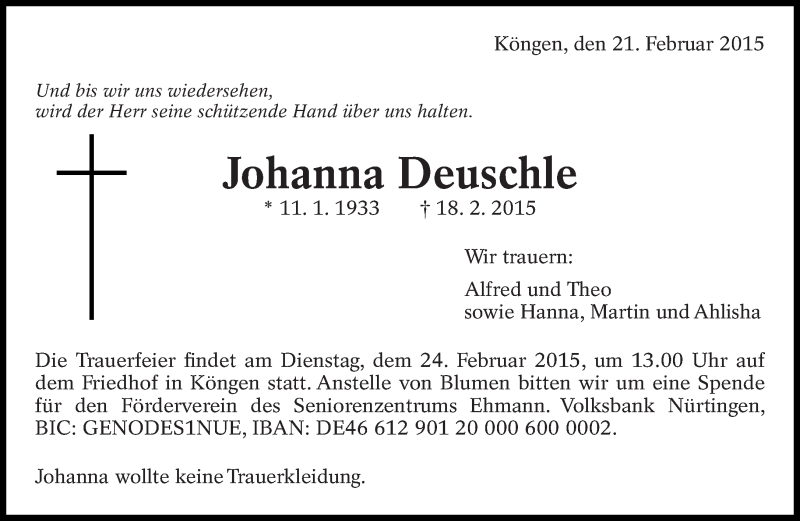  Traueranzeige für Johanna Deuschle vom 21.02.2015 aus Eßlinger Zeitung/Cannstatter Zeitung