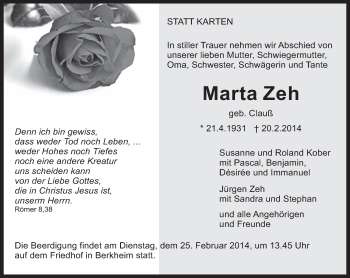 Traueranzeige von Marta Zeh von Eßlinger Zeitung/Cannstatter Zeitung