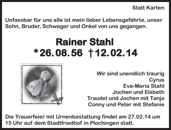 Traueranzeige von Rainer Stahl von Eßlinger Zeitung/Cannstatter Zeitung
