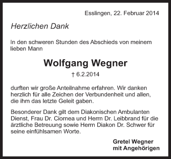 Traueranzeige von Wolfgang Wegner von Eßlinger Zeitung/Cannstatter Zeitung
