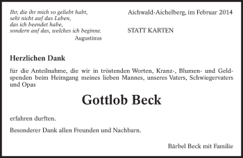 Traueranzeige von Gottlob Beck von Eßlinger Zeitung/Cannstatter Zeitung