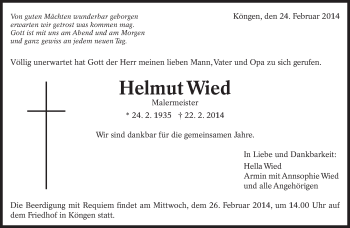 Traueranzeige von Helmut Wied von Eßlinger Zeitung/Cannstatter Zeitung