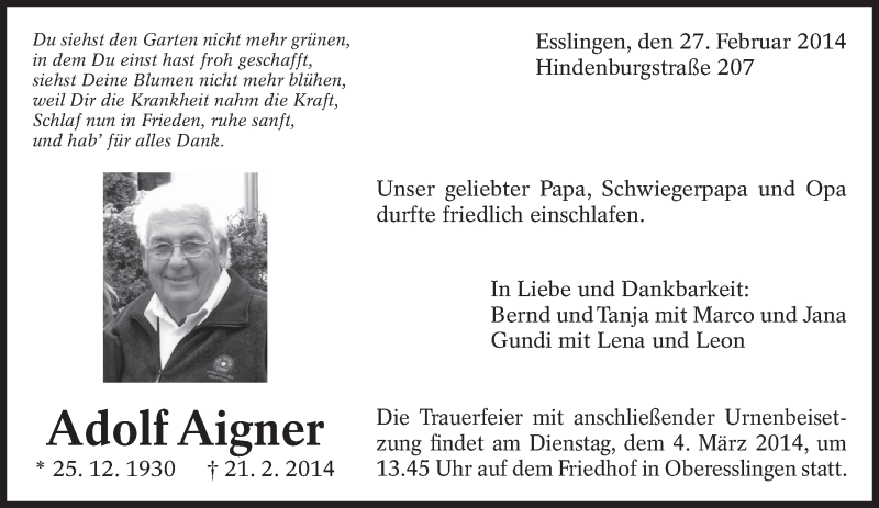  Traueranzeige für Adolf Aigner vom 27.02.2014 aus Eßlinger Zeitung/Cannstatter Zeitung