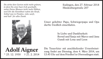 Traueranzeige von Adolf Aigner von Eßlinger Zeitung/Cannstatter Zeitung