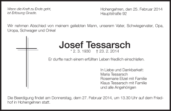 Traueranzeige von Josef Tessarsch von Eßlinger Zeitung/Cannstatter Zeitung