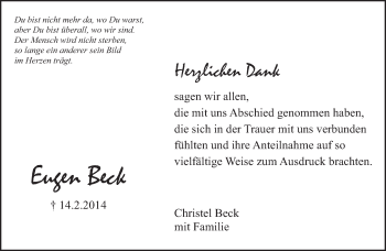 Traueranzeige von Eugen Beck von Eßlinger Zeitung/Cannstatter Zeitung