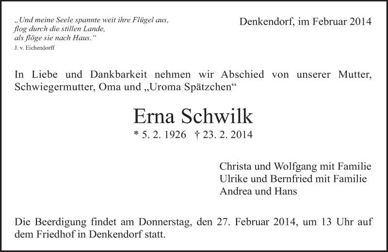  Traueranzeige für Erna Schwilk vom 25.02.2014 aus Eßlinger Zeitung/Cannstatter Zeitung