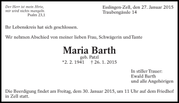 Traueranzeige von Maria Barth von Eßlinger Zeitung/Cannstatter Zeitung