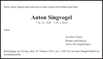 Traueranzeige von Anton Singvogel von Eßlinger Zeitung/Cannstatter Zeitung