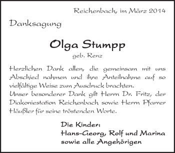 Traueranzeige von Olga Stumpp von Eßlinger Zeitung/Cannstatter Zeitung