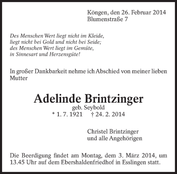 Traueranzeige von Adelinde Brintzinger von Eßlinger Zeitung/Cannstatter Zeitung